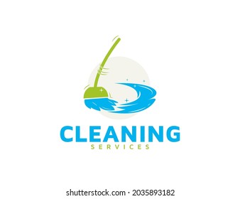Cleaning services logo with mop illustration vector design