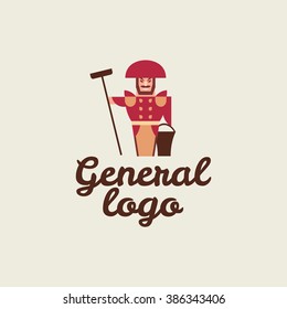 Cleaning services logo. Symbol of military general with a bucket and mop