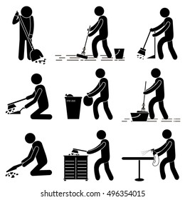 Cleaning Services / Man Person Cleaning, Sweeping, Mopping Floor, Washing Table, Furniture. Stick Figure Pictogram Icon Vector.