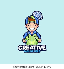 Cleaning Services mascot logo design illustration. Cartoon cleaning mascot man holding a mop broom car cleaning tool vector illustration