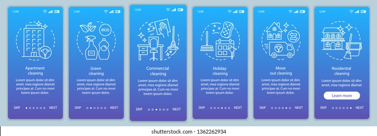 Cleaning services onboarding mobile app page screen vector template. Commercial, holiday, move out cleanup. Walkthrough website steps, linear illustrations. UX, UI, GUI smartphone interface concept