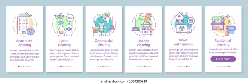 Cleaning services onboarding mobile app page screen, linear concepts. Commercial, holiday, move out cleanup. Six walkthrough steps graphic instructions. UX, UI, GUI vector template with illustrations