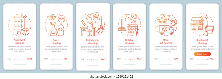 Cleaning services onboarding mobile app page screen, linear concepts. Six walkthrough steps graphic instructions. Holiday, commercial, green cleanup. UX, UI, GUI vector template with illustrations