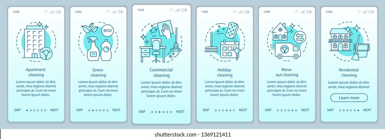 Cleaning services onboarding mobile app page screen, linear concepts. Residential, green, move out cleanup. Six walkthrough steps graphic instructions. UX, UI, GUI vector template with illustrations