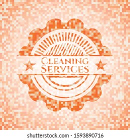 Cleaning Services orange tile background illustration. Square geometric mosaic seamless pattern with emblem inside.
