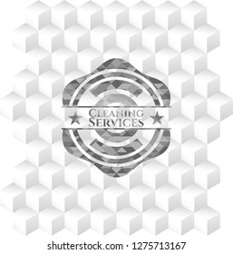 Cleaning Services realistic grey emblem with geometric cube white background