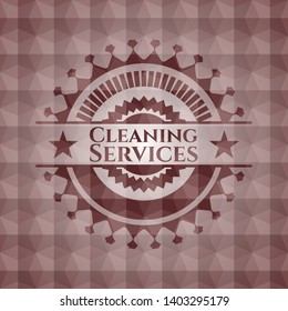 Cleaning Services red seamless emblem with geometric background.