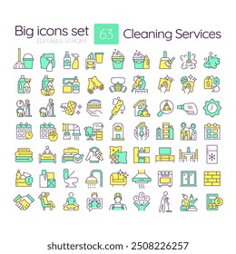 Cleaning services RGB color icons set. Housekeepers janitors office. Cleaner tools. Housecleaning, janitorial. Isolated vector illustrations. Simple filled line drawings collection. Editable stroke