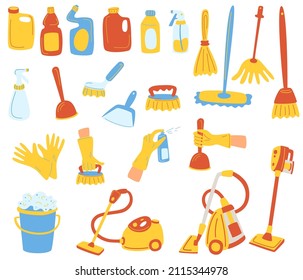 Cleaning services. Set with household supplies and cleaning products. Sanitary and chemical products. Perfect for banner, website, cleaning. Cartoon flat vector illustration