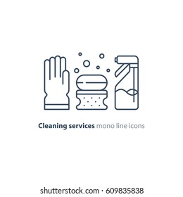 Cleaning services set, rubber glove, soap bubbles with sponge and spray bottle, household and housekeeping hygiene items, equipment and supplies, mono line vector icon collection