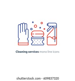 Cleaning services set, rubber glove, soap bubbles with sponge and spray bottle, household and housekeeping hygiene items, equipment and supplies, mono line vector icon collection