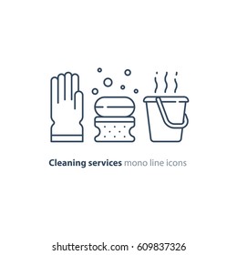 Cleaning services set, rubber glove, soap bubbles with sponge and hot water bucket, household and housekeeping hygiene items, equipment and supplies, mono line vector icon collection