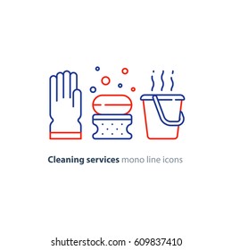 Cleaning services set, rubber glove, soap bubbles with sponge and hot water bucket, household and housekeeping hygiene items, equipment and supplies, mono line vector icon collection