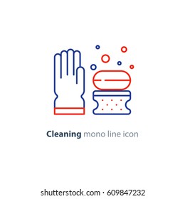 Cleaning services set, rubber glove, soap bubbles with sponge, household and housekeeping hygiene items, equipment and supplies, mono line vector icon collection