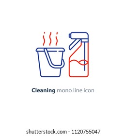 Cleaning services set, spray bottle and hot water bucket, household and housekeeping hygiene items, equipment and supplies, mono line vector icon collection