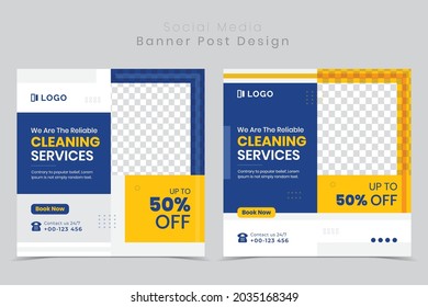 servicios de limpieza diseño de publicaciones en medios sociales y banners editables mínimos.