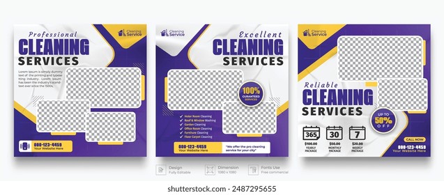 Cleaning services social media promotion: office, home, and hotel cleaning banner template design.