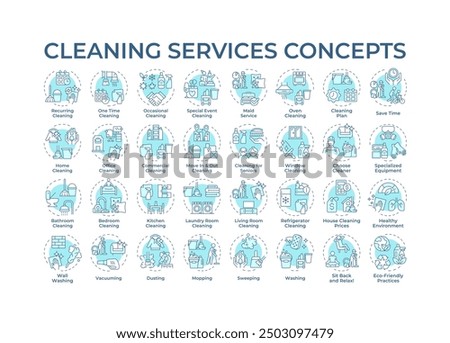 Cleaning services soft blue concept icons. Specialized equipment, professional cleaners. Icon pack. Vector images. Round shape illustrations for infographic, presentation. Abstract idea