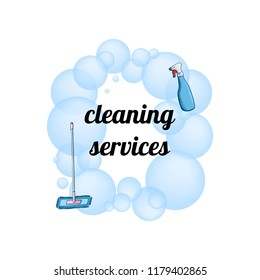 Cleaning services template. Daily cleaning. Frame for text. Doodle elements. Vector illustration. Hand drawn. White background.