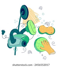 Servicios de limpieza, herramientas de limpieza y detergentes, diseño de emblema o logotipo, Ilustración vectorial de estilo doodle aislado sobre fondo blanco. Elemento de diseño con artículos de limpieza.