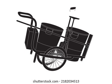 Cleaning services truck. Street sweeper cart with two buckets, brush, broom and dustpan in black