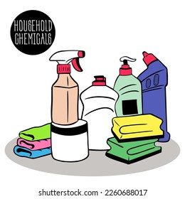 Cleaning services. Vector concept with household items and cleaning products. Sanitary-hygienic and chemical products. Cleaning set with products and tools for homework.