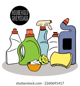 Cleaning services. Vector concept with household items and cleaning products. Sanitary-hygienic and chemical products. Spray, sponge and brush, gel.