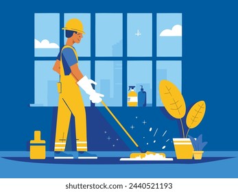 Vektor-Illustration der Reinigungsdienste. Professionelle Reinigung und Housekeeping-Services - Hygiene, Hausmädchen, Sanitär und mehr