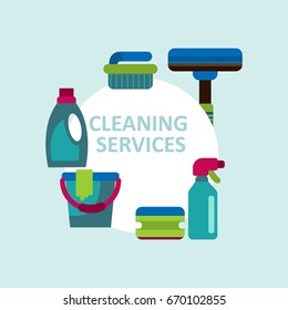 Cleaning services vector illustration. Cleaning tools round card