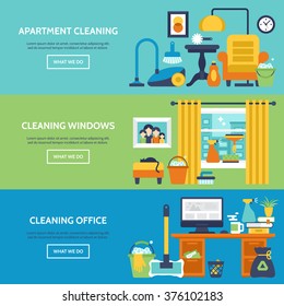 Cleaning Services Website Banner Design. Apartment, Office And Window Cleaning Icons. Vector Illustration