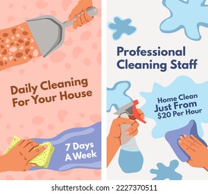 Cleaning services for your house with sale, daily cleanliness 7 days a week. Get discount, promotional banner with hands wiping surface and dust, polishing and spraying. Vector in flat style