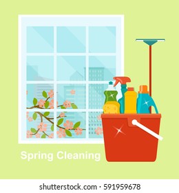 Cleaning service.Spring Cleaning and Domestic Tools . Vector flat illustration