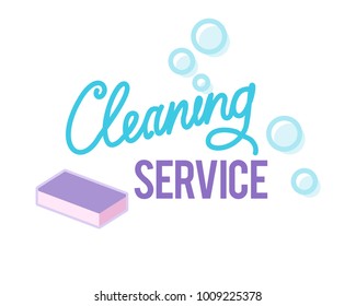 Cleaning servise hand lettering with sponge and bubbles. For cleaning company logo or poster. Isolated on white background line art style illustration.