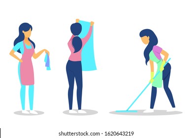 Cleaning set. Collection of woman doing housework. Professional occupation. Janitor washing floor. Isolated vector illustration in cartoon style