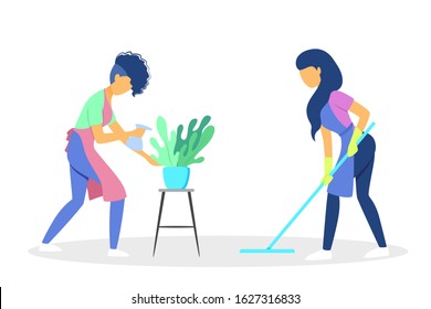 Cleaning set. Collection of woman doing housework. Professional occupation. Janitor washing floor. Isolated vector illustration in cartoon style