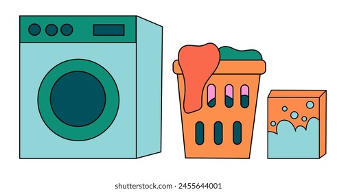 Cleaning Set Elements. Collection of cleaning tools. Washing machine. Laundry basket with clothes. Washing powder. Vector Flat illustration.