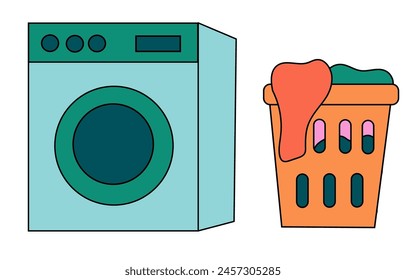 Cleaning Set Elements. Collection of cleaning tools. Washing machine. Laundry basket with clothes. Vector Flat illustration.