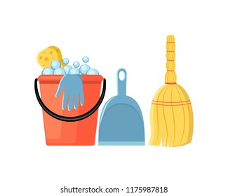 Cleaning set in a flat style vector illustration isolated on white background. Vector bucket, broom, scoop, gloves, sponge.