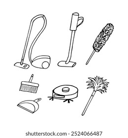cleaning set hand drawn in doodle style. vacuum cleaner, pipduster,dustpan, brush, scoop. minimalism, monochrome, scandinavian, linear
