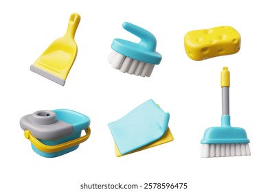 Cleaning set for home and office. 3d icon. Housework. Equipment for washing surfaces. Dustpan, brush, sponge, bucket, rag. Home cleaning concept. Cartoon style. Vector illustration on white background