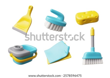 Cleaning set for home and office. 3d icon. Housework. Equipment for washing surfaces. Dustpan, brush, sponge, bucket, rag. Home cleaning concept. Cartoon style. Vector illustration on white background