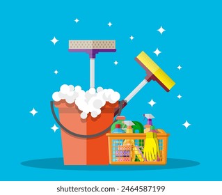 Cleaning set. household cleaning products and accessories in plastic basket. bucket with soap, rubber gloves, mop, detergent spay, sponge. vector illustration in flat design on blue