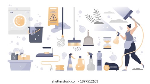 Cleaning set with hygiene care tool supply elements collection tiny person concept. Household detergents and cleanup washing work objects vector illustration. Isolated housework disinfect equipment.