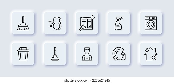 Cleaning set icon. Broom, broom, sponge, wet cleaning, wipe dust, clean windows, shine, detergent, washing machine, trash can, worker, vacuum cleaner, wash dishes. Service concept. Neomorphism style