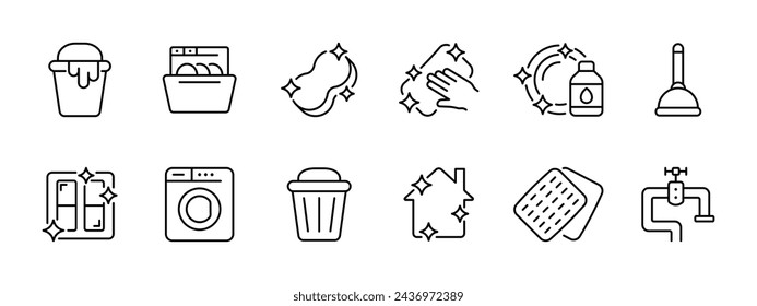 Cleaning set icon. Bucket, dishwasher, abacus, rag, clean dishes, plunger, clean windows, washing machine, clean house, faucet. Cleaning concept, home care. Vector line icon on white background.