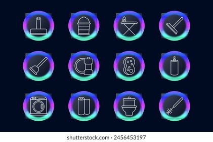 Cleaning set icon. Bucket, ironing board, iron, mop, spray paint, sponge, plunger, brush, toilet, roll of paper, dustpan, sweeping, washing machine, tidy, sweeping, glassmorphism. Mopping concept.