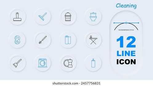Cleaning set icon. Bucket, ironing board, iron, mop, spray paint, sponge, plunger, brush, toilet, roll of paper, dustpan, sweeping, washing machine, tidy, sweeping, neomorphism. Mopping concept.