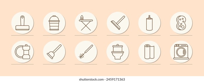 Cleaning set icon. Bucket, ironing board, iron, mop, spray paint, sponge, plunger, brush, toilet, roll of paper, dustpan, sweeping, washing machine, tidy, sweeping. Mopping concept.