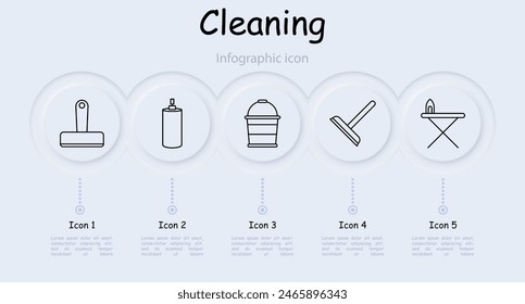Cleaning set icon. Bucket, ironing board, iron, mop, spray paint, neomorphism, infographic, dustpan, sweeping, washing machine, tidy, sweeping. Mopping concept.