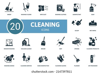 Cleaning set icon. Contains cleaning illustrations such as washing floors, washing clothes, soap and more.